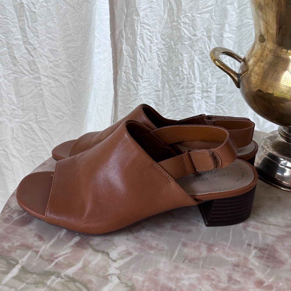 Clarks Camel Colored Block Heel Peep Toe Slingbacks